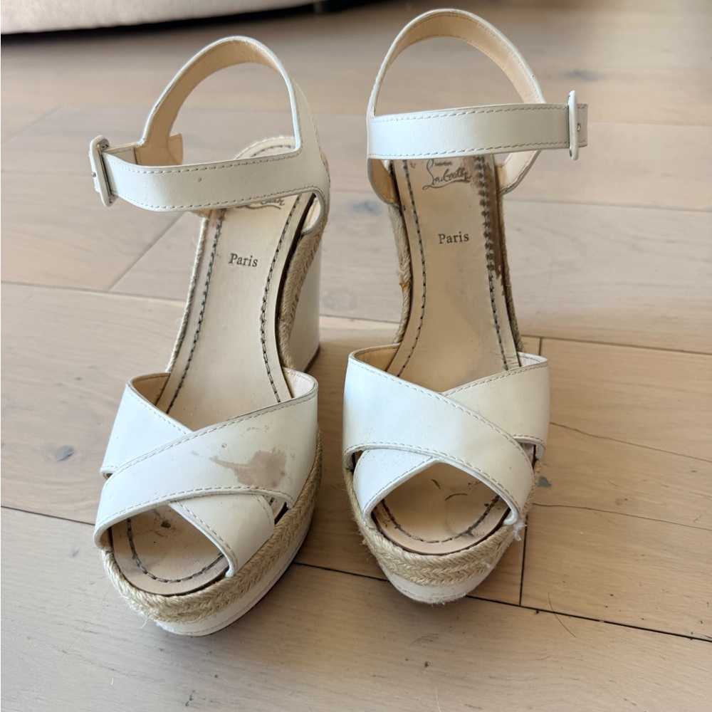 Christian Louboutin Cream White Espadrille Wedge Sandals - Picture 2 of 6